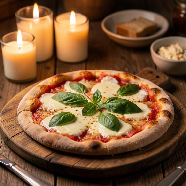 Pizza caseira com mozzarella e manjericão